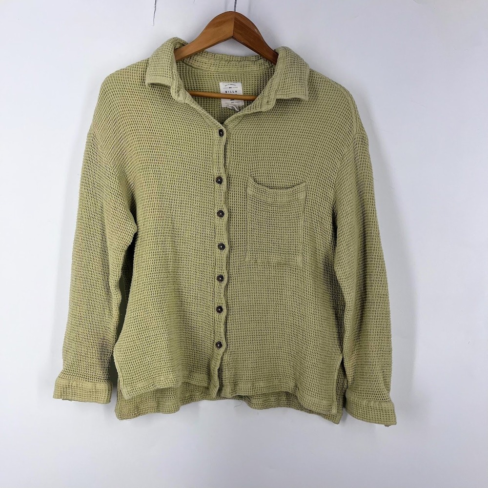 Billabong Womens Sage Green Waffle Knit Button Down Shirt Size M Relaxed Thermal